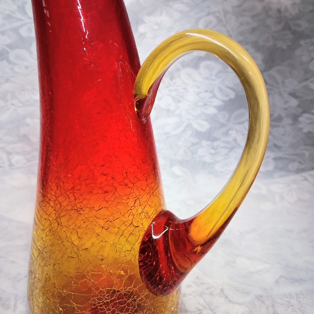 Vintage Amberina Crackle Glass Pitcher MCM Hand-Blown Art Glass 12" - Picture 12 of 16